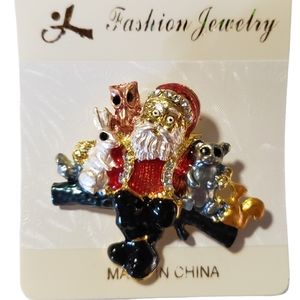 Christmas Brooch Santa with all the Animals sitting on a branch. Holiday jewelry